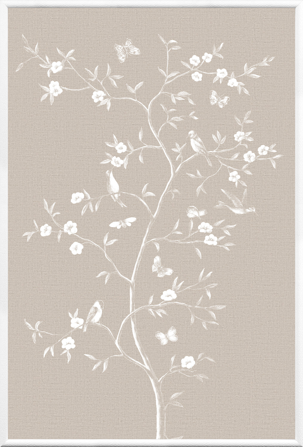 Linen Sanctuary I wall art featuring a floral and bird design on a beige background