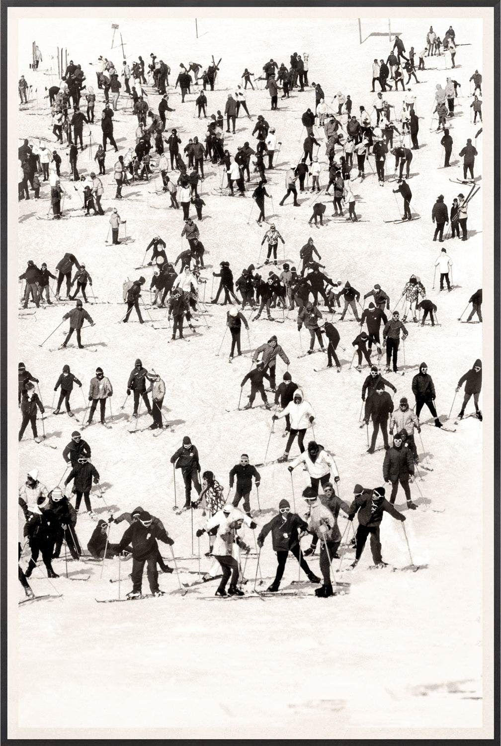 Ski Vacation II wall art featuring a vintage black and white ski scene with numerous skiers on a snowy slope.