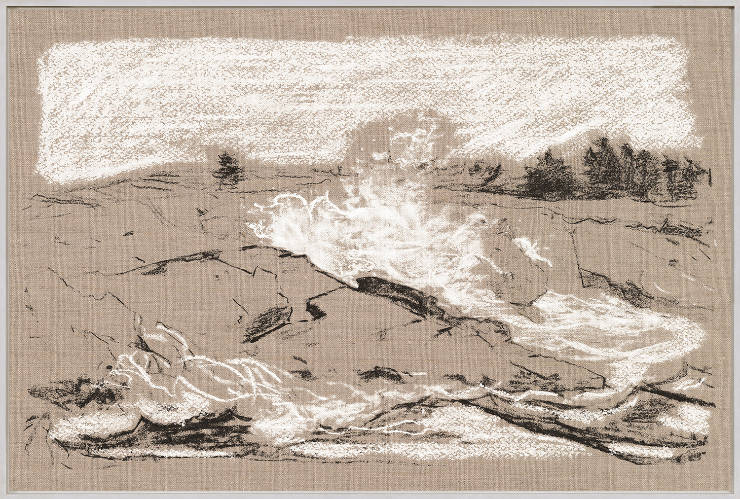 Plein Air Seascape II wall art featuring a textured seascape in neutral tones with waves and rocky shore.