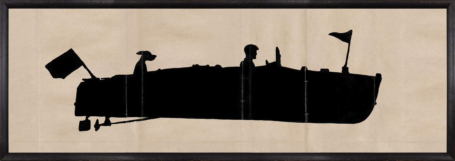 Runabout Silhouette wall art featuring a black silhouette of a boat with figures against a beige background.