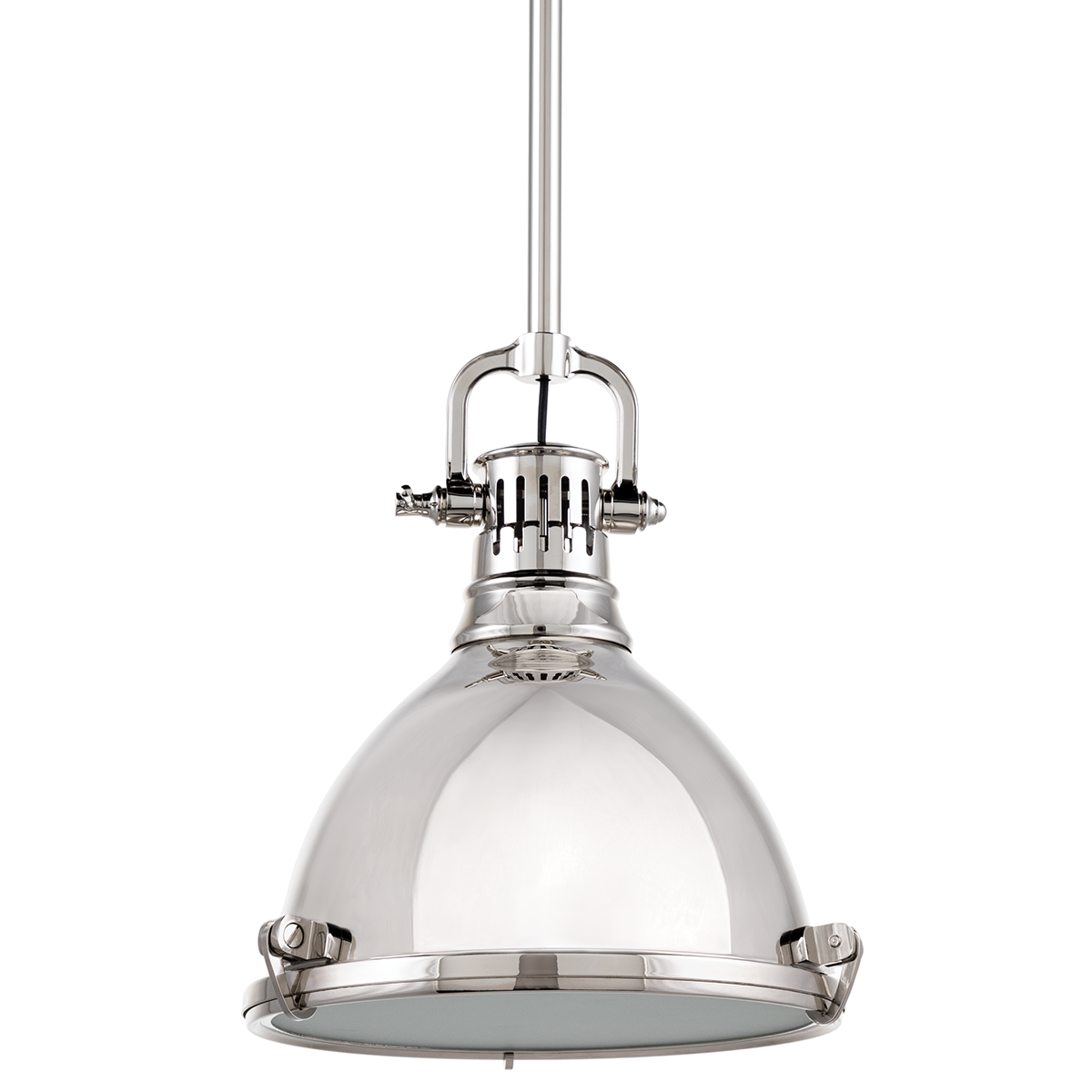 Pelham Pendant 10.5" in polished nickel shown from a second angle to highlight the shade shape and metal detail.
