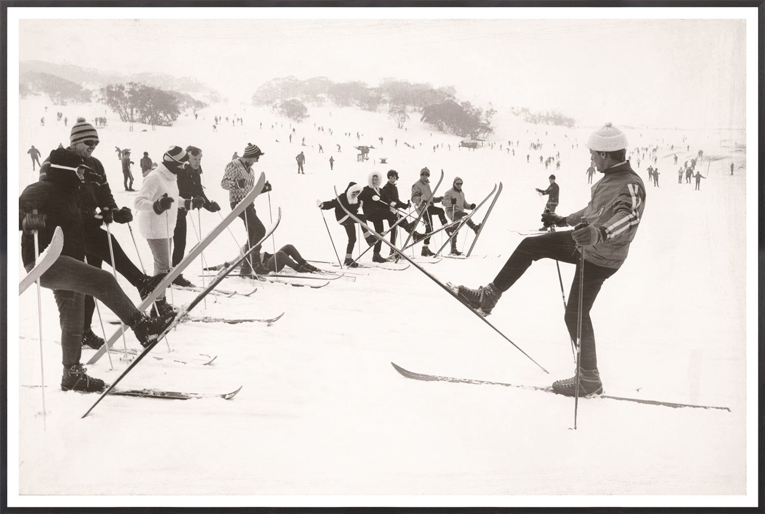 Ski Instruction C. 1966 wall art featuring a snowy ski scene with skiers in vintage attire.