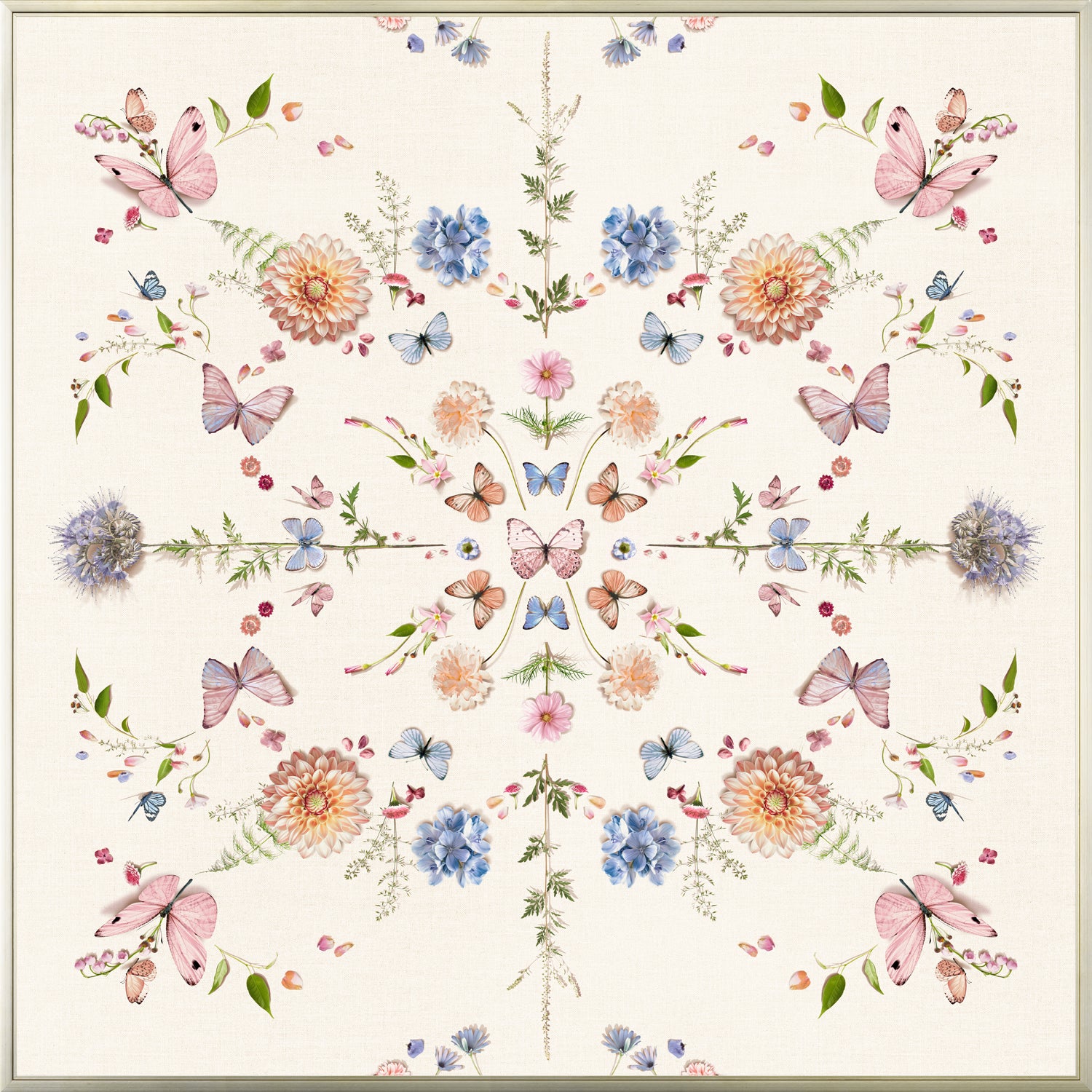 Flight Of Fancy wall art featuring a floral and butterfly design in pastel colors on a light background.