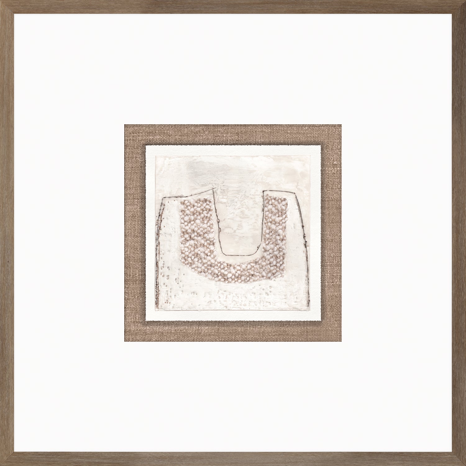Encaustic Neutrals IV wall art featuring a textured abstract design in neutral tones, framed in light wood.