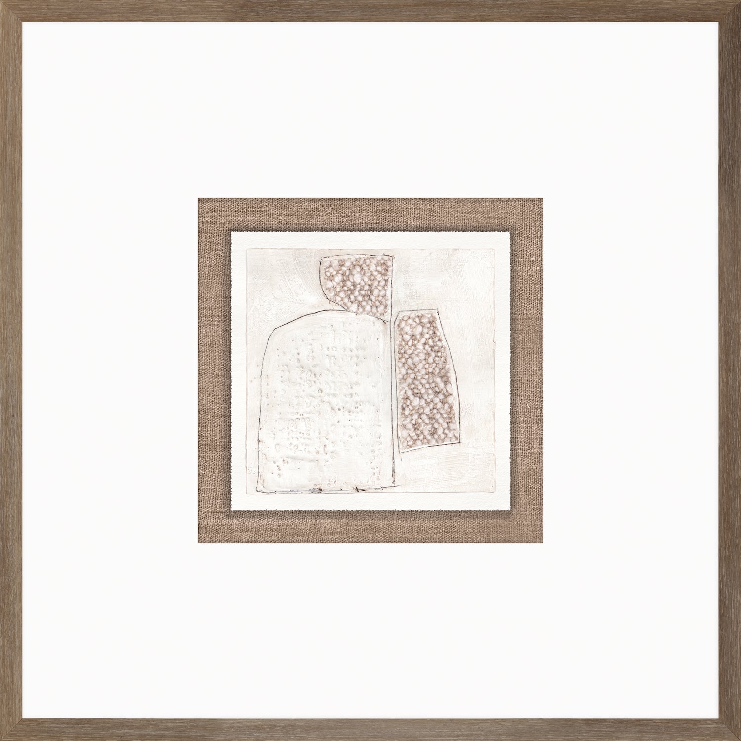 Encaustic Neutrals V wall art featuring abstract shapes in soft beige and white, framed in natural wood.