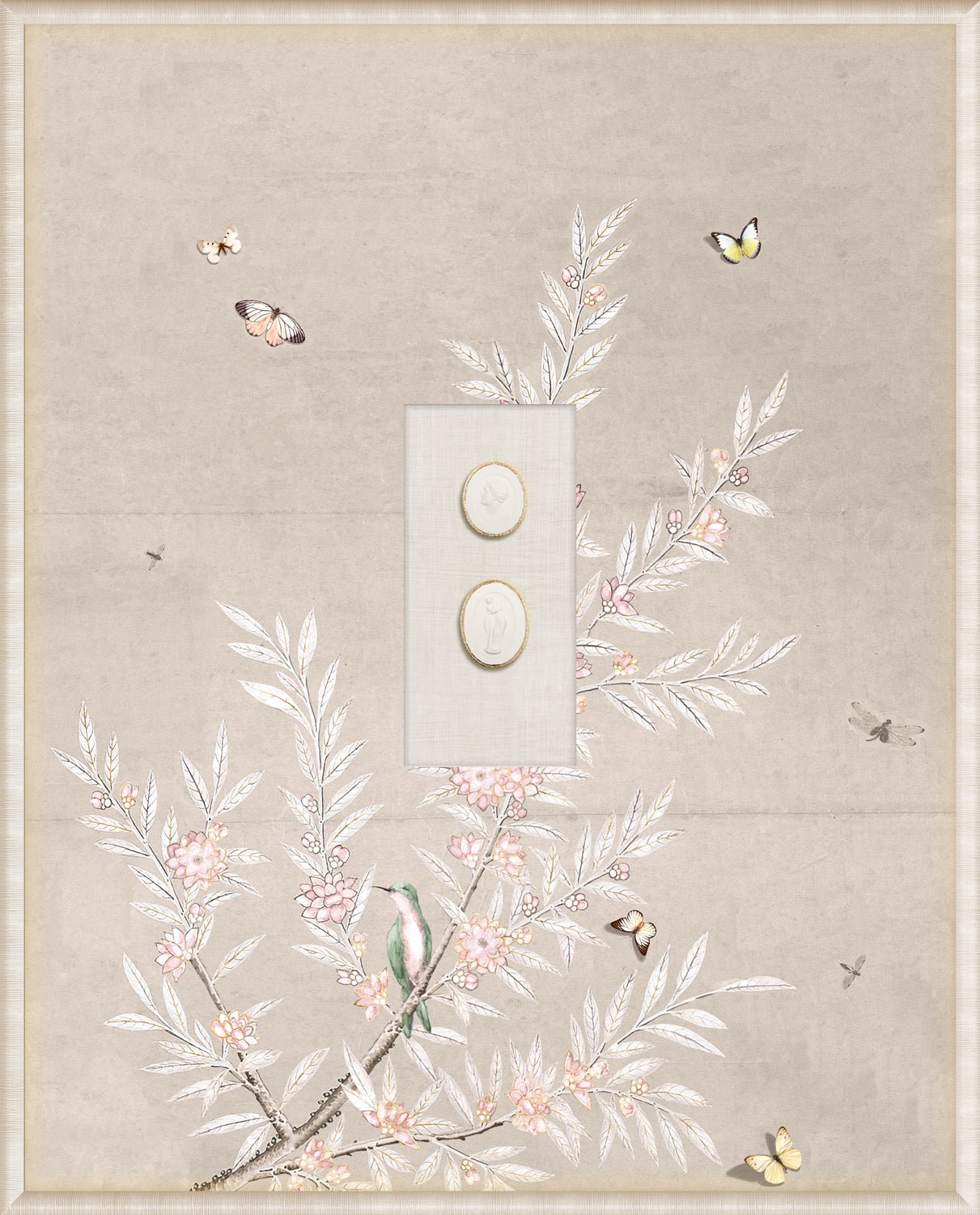 Grand Tour Intaglio – Spring Time Chinoiserie in Crème II, Form VIII framed art print, 16.75 × 20.75 in