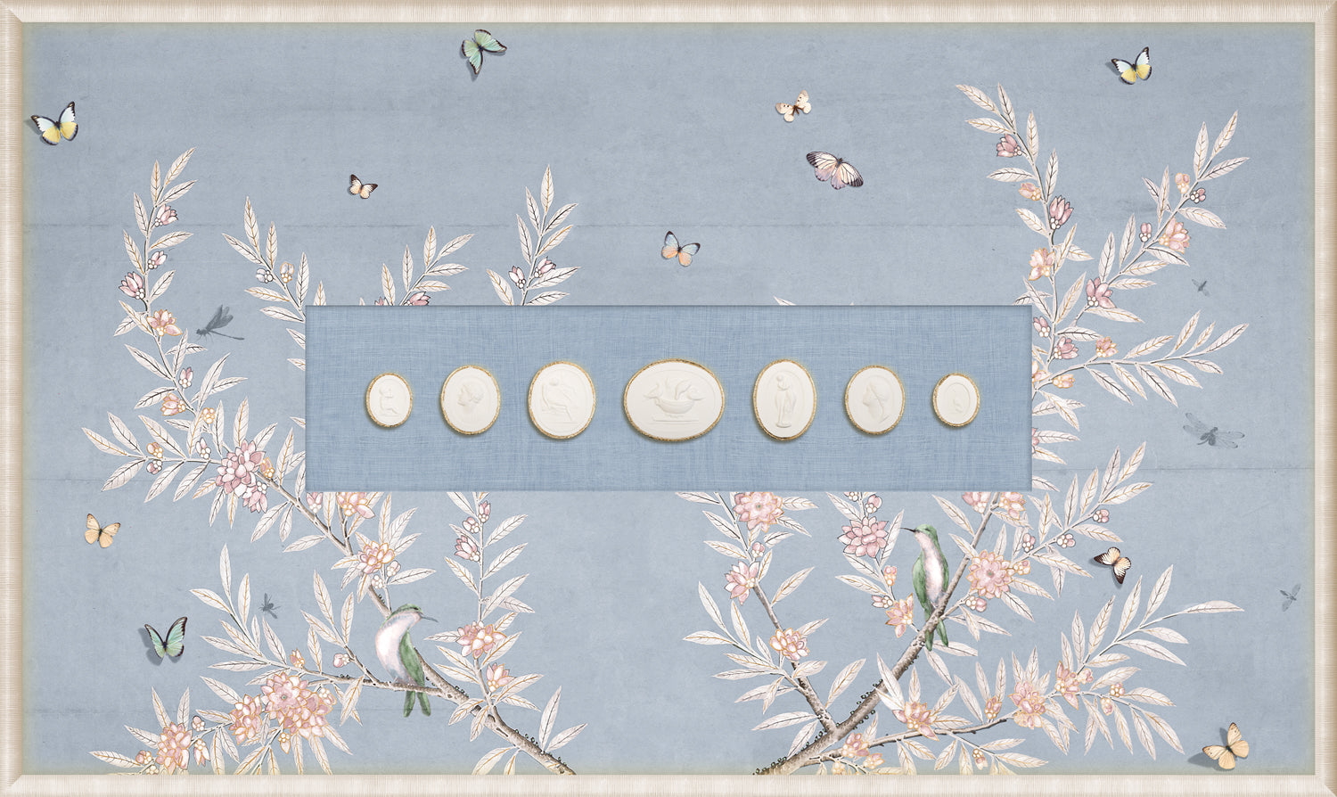 Grand Tour Intaglio – Spring Time Chinoiserie in Powder Blue III, Form I framed art print, 14.75 × 24.75 in