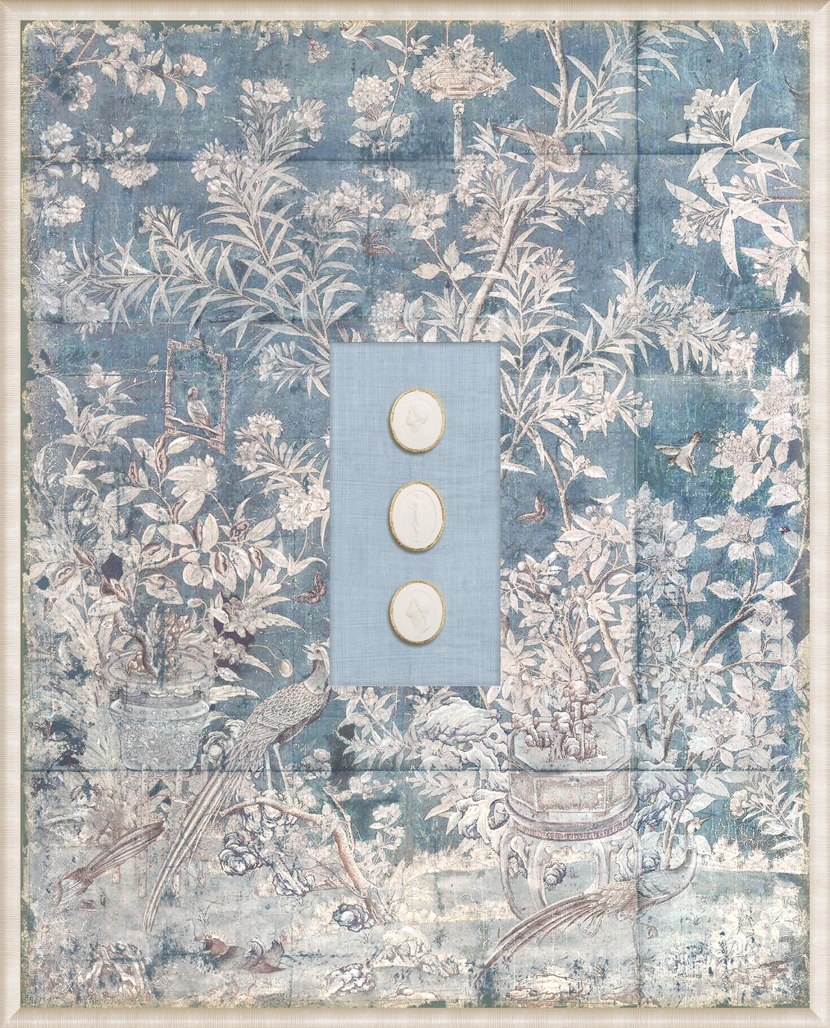 Grand Tour Intaglio – Powder Blue Chinoiserie wall art featuring floral patterns and birds on a powder blue background.
