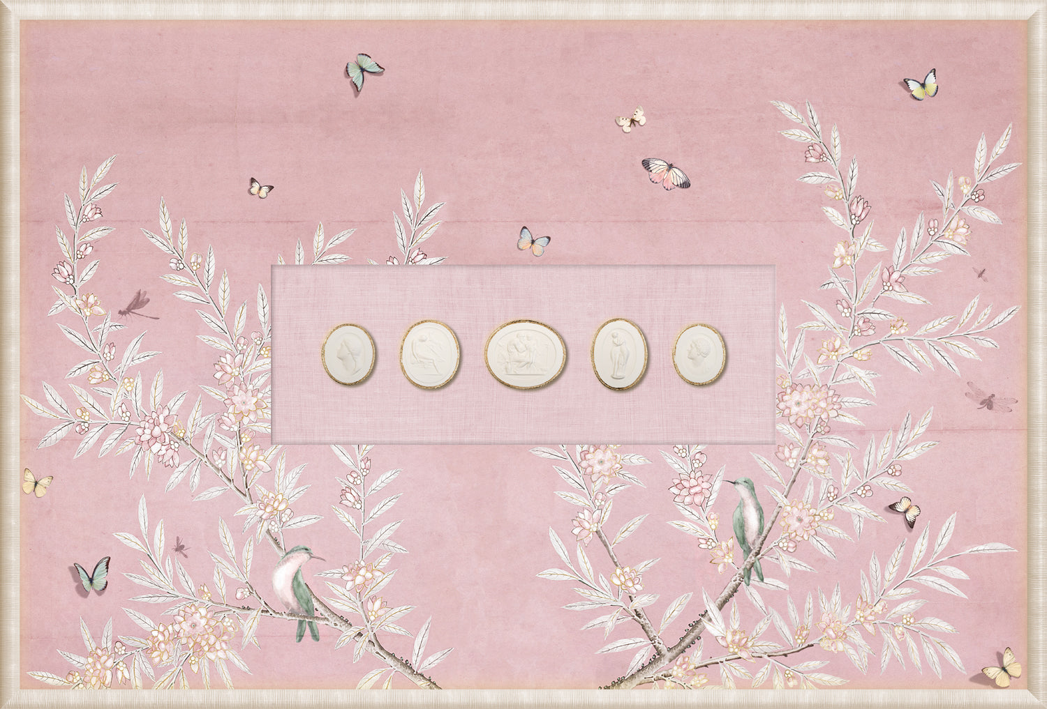 Grand Tour Intaglio – Spring Time Chinoiserie in Blush III, Form II framed art print, 14.75 × 21.75 in
