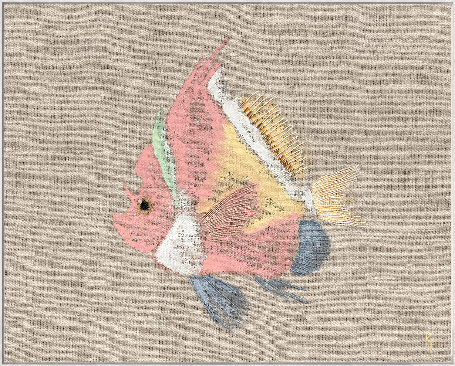 Poissons Tropicaux Sur Lin IV wall art featuring a colorful fish illustration on a textured beige background.