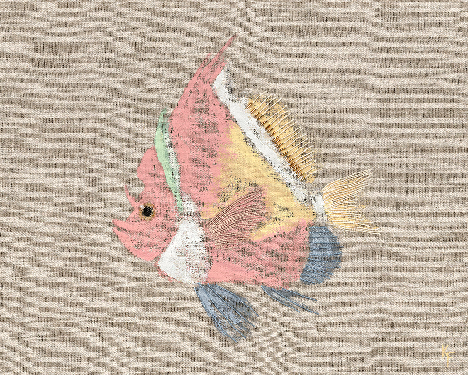 Poissons Tropicaux Sur Lin IV — nature and landscape fine art print in pastel tones at Laurie Yapp Home