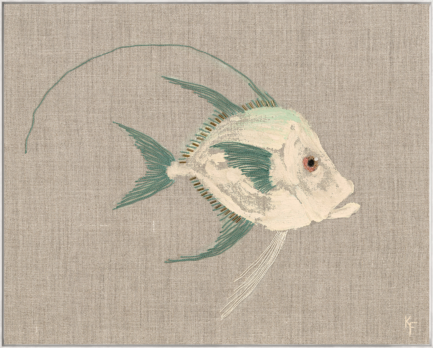 Poissons Tropicaux Sur Lin V wall art featuring a detailed fish illustration on beige linen background.