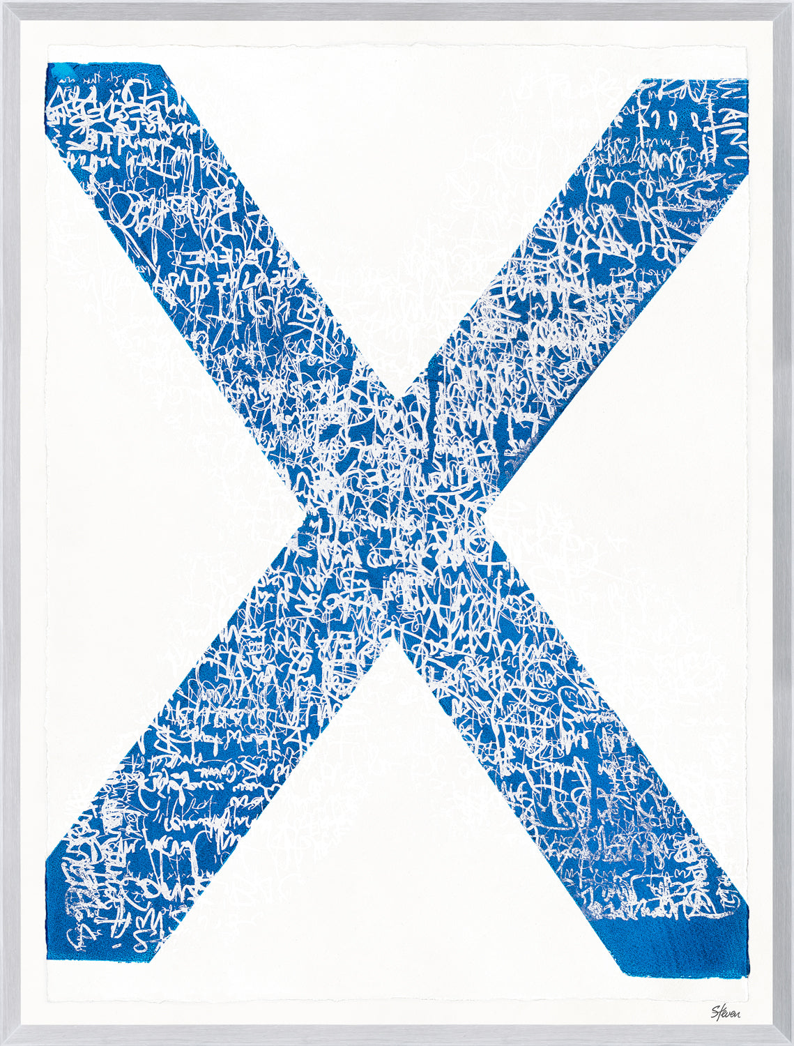 Fair Winds and Following Seas I, abstract blue X design with white scribbles on a white background, framed in silver.