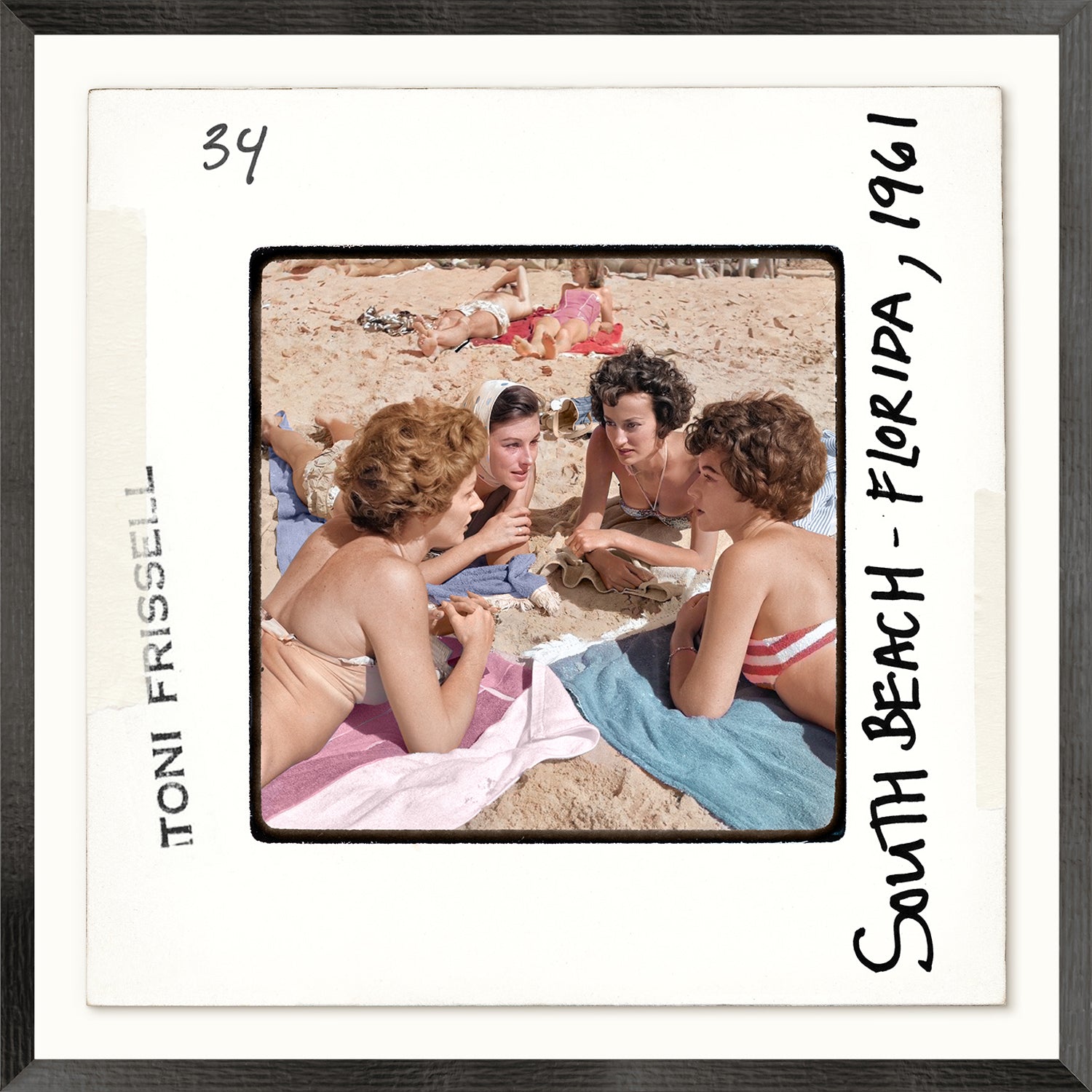 Toni Frissell Slides, South Beach, Florida 1961 featuring four women in swimsuits on the beach, surrounded by towels.
