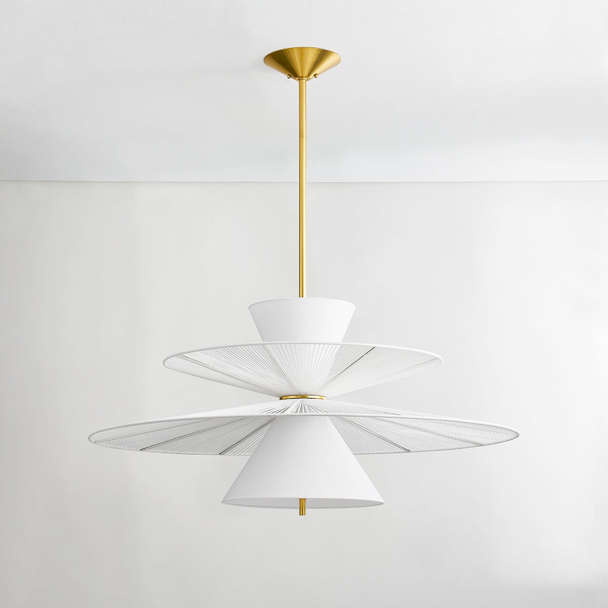 Esperance Chandelier in aged brass shown from the front to reveal the frame, arms, and shade detail.