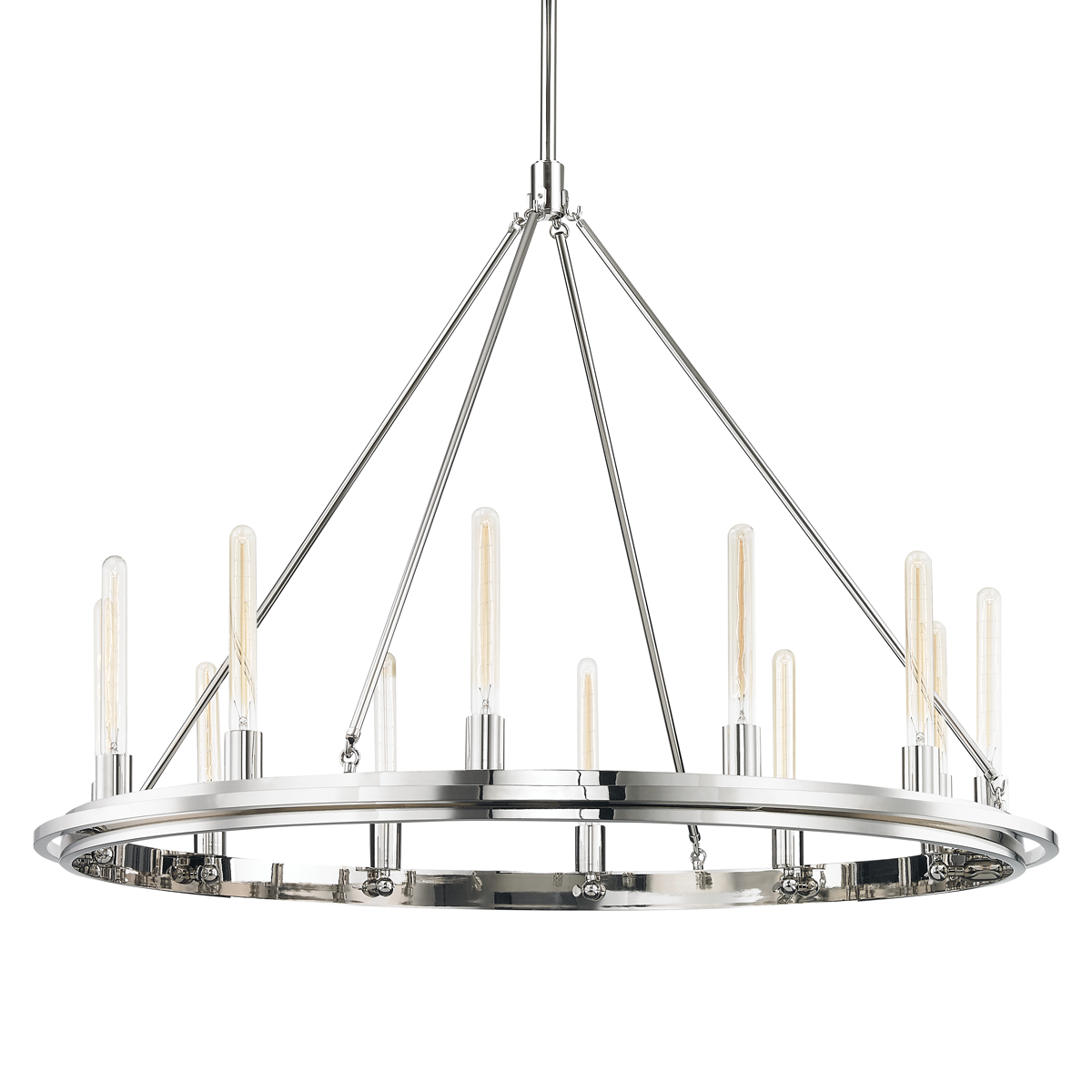 Chambers Chandelier 45" in polished nickel shown from the front to reveal the frame, arms, and shade detail.
