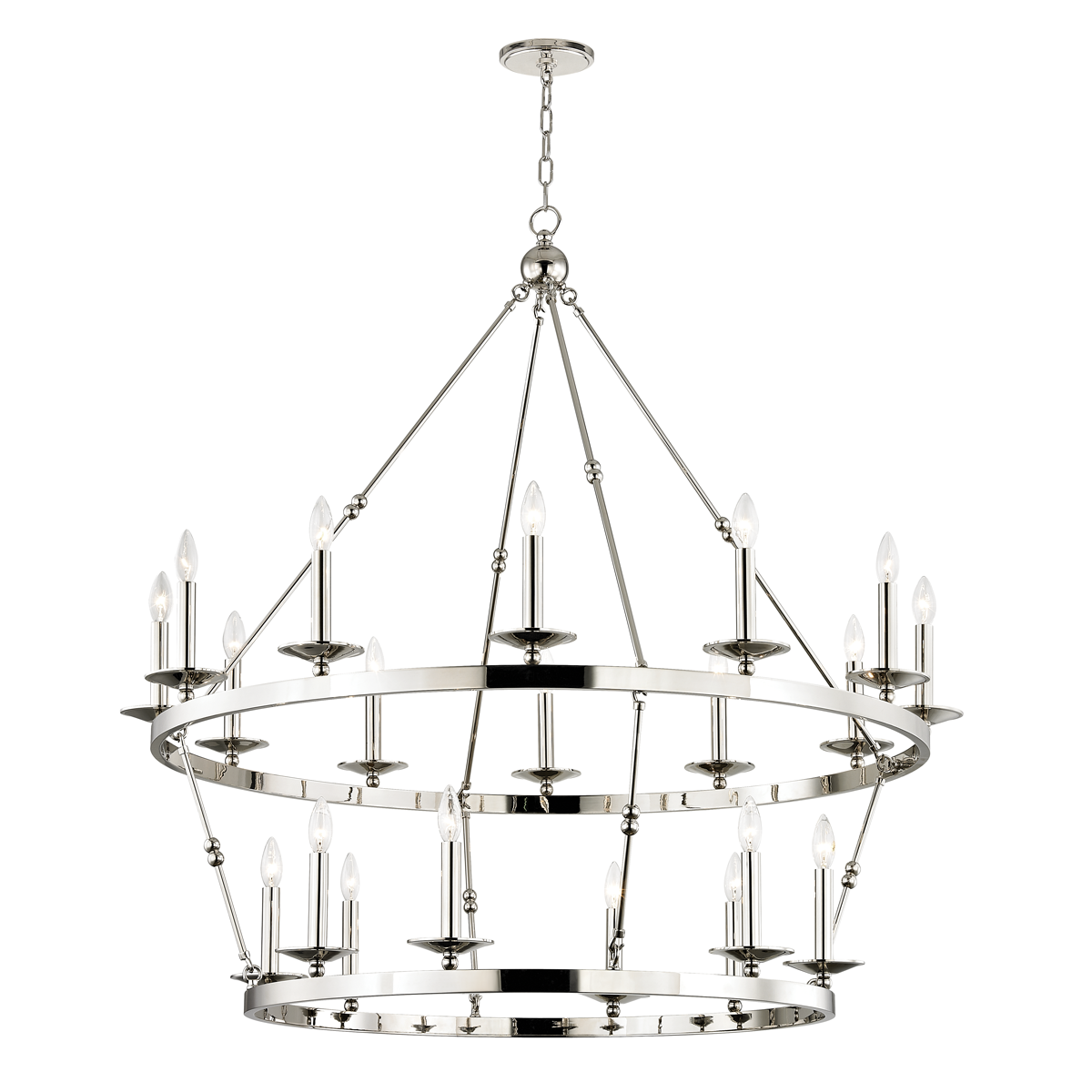 Allendale Chandelier 46.75" x 38" in polished nickel shown from the front to reveal the frame, arms, and shade detail.
