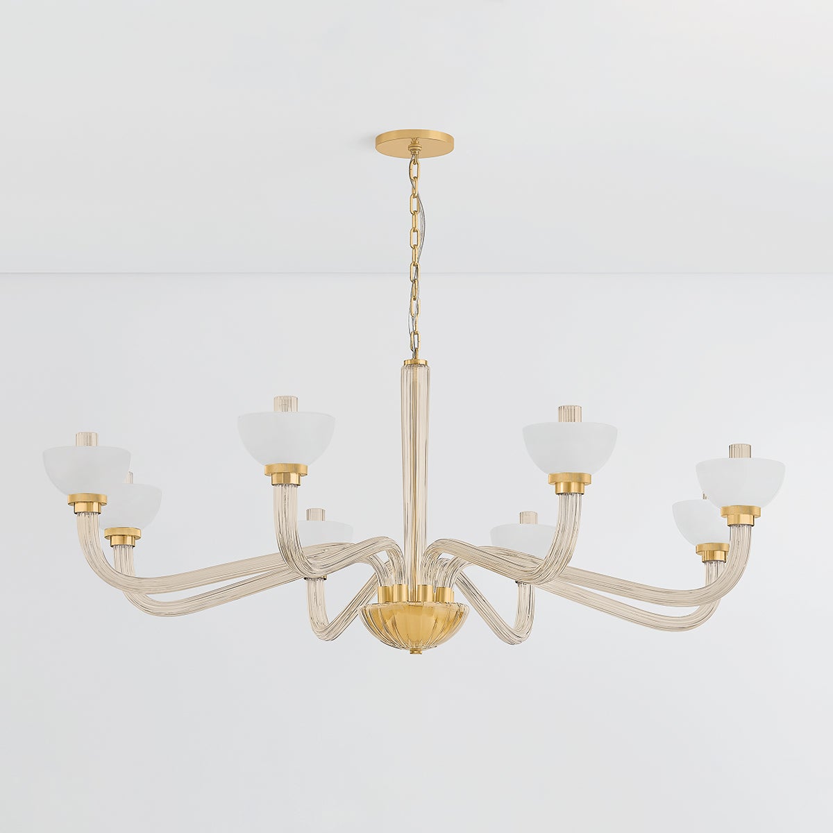 St. Lawrence Chandelier 61.75" in aged brass shown from a second angle to highlight the frame, arms, and shade detail.
