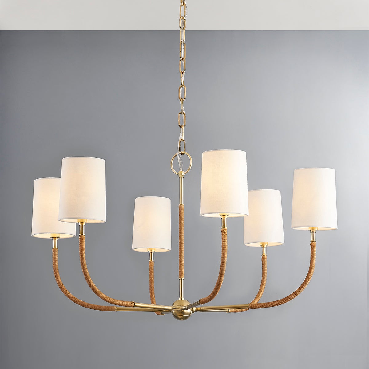 Webson Chandelier in aged brass shown from the front to reveal the frame, arms, and shade detail.