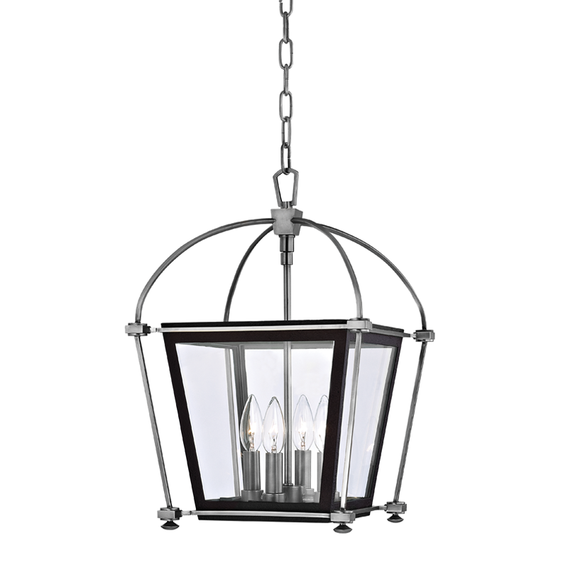 Hollis Lantern 12.75" in polished nickel shown from a second angle to highlight the frame and glass panel detail.