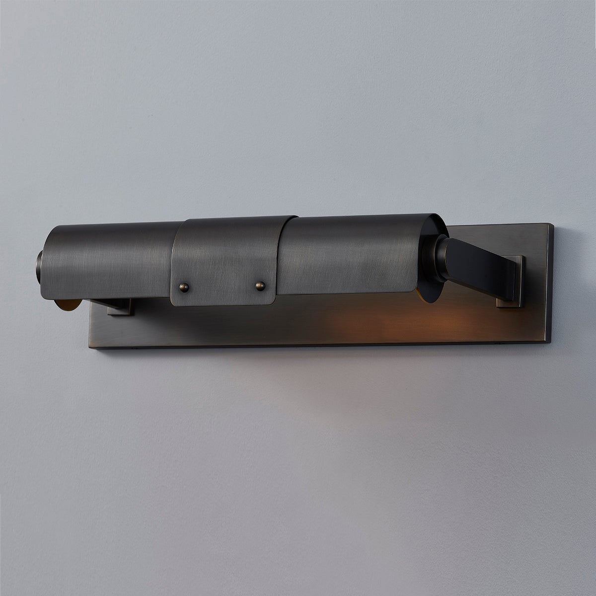 Close-up of the Oneonta Picture Light 15.25" in dark bronze showing the arm curve and shade proportion.