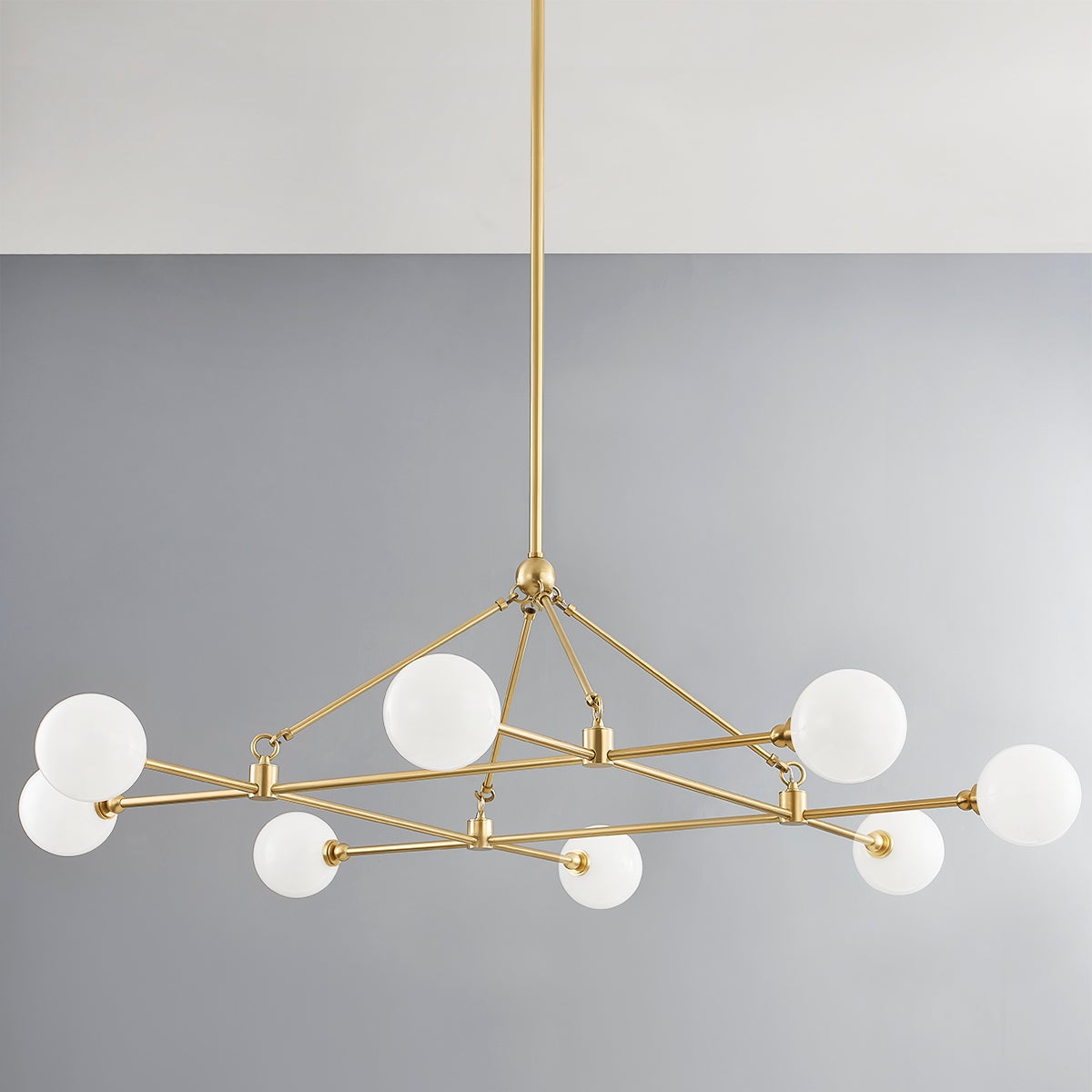 Andrews Chandelier in aged brass shown from a second angle to highlight the frame, arms, and shade detail.