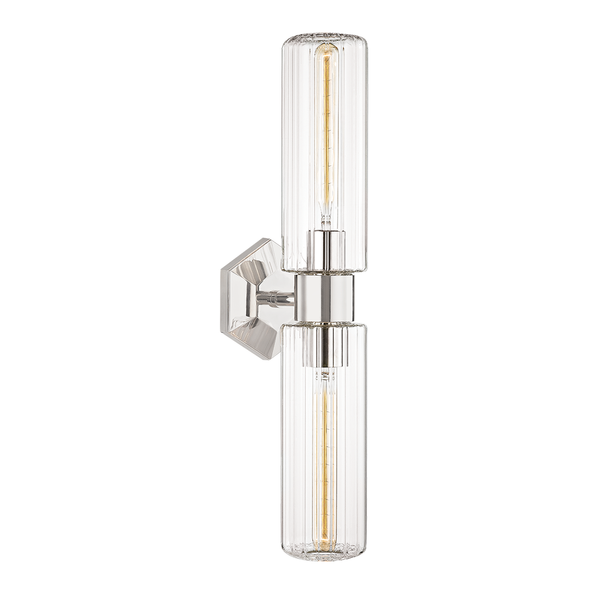 Roebling Wall Sconce 4.75" x 23.75" in polished nickel shown from the front to reveal the arm curve and shade silhouette.