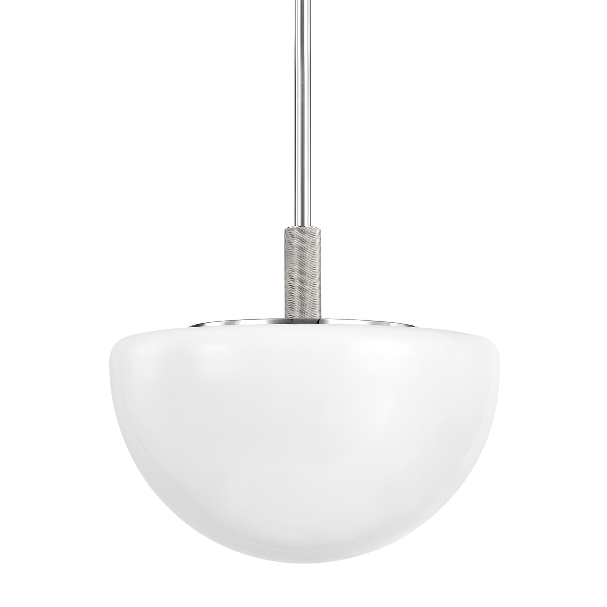 Lethbridge Pendant 19" in polished nickel shown from the front to reveal the shade shape and metal detail.