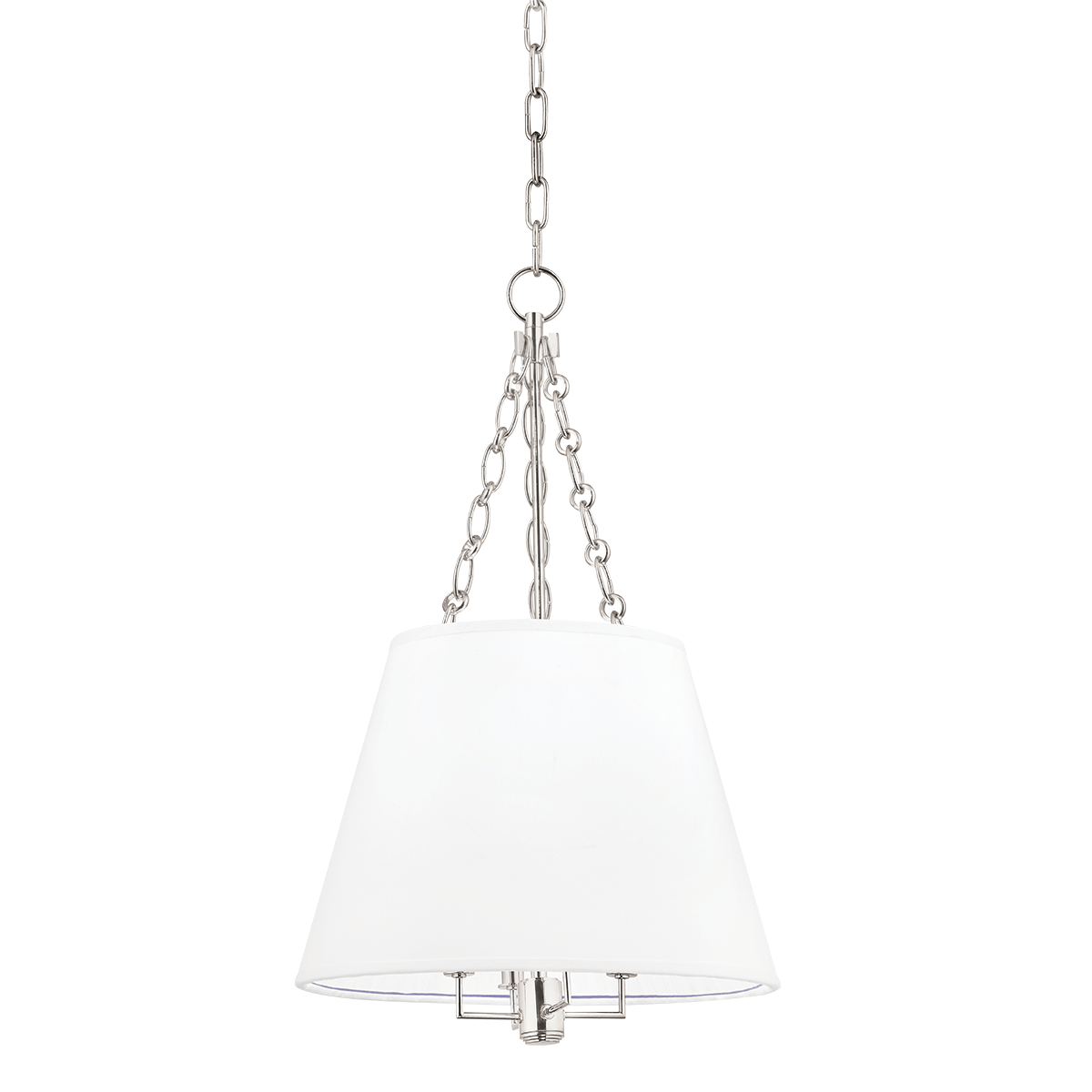 Burdett Pendant 15" in polished nickel shown from the front to reveal the shade shape and metal detail.