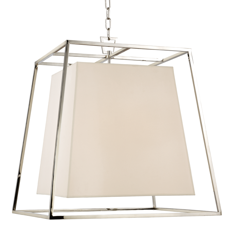 Kyle Chandelier in polished nickel shown from the front to reveal the frame, arms, and shade detail.