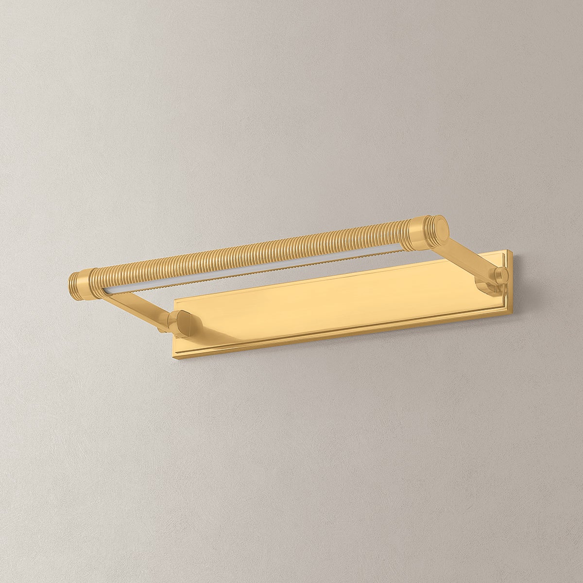 Duell Picture Light 18" in aged brass shown from the front to reveal the arm curve and shade proportion.