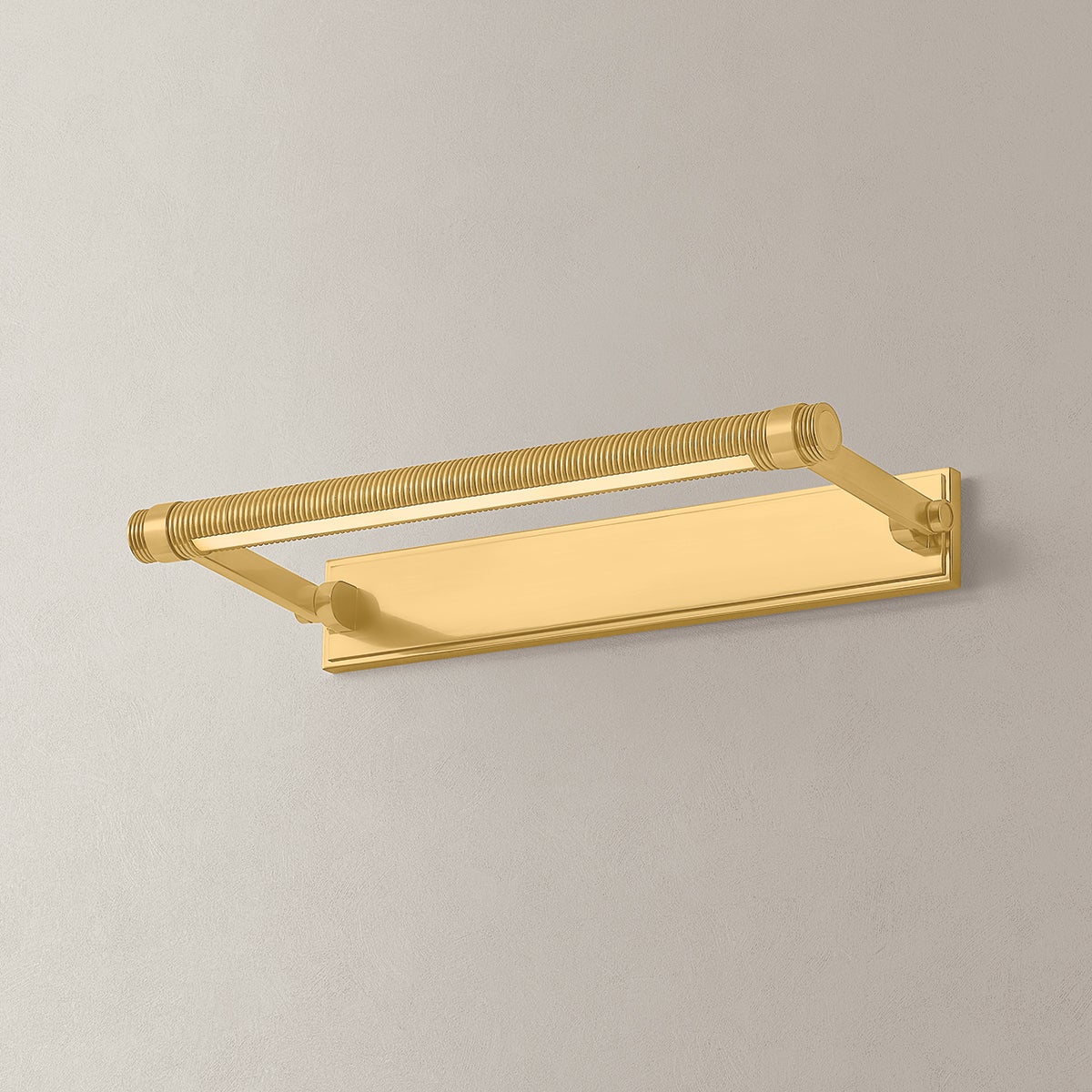 Close-up of the Duell Picture Light 18" in aged brass showing the arm curve and shade proportion.