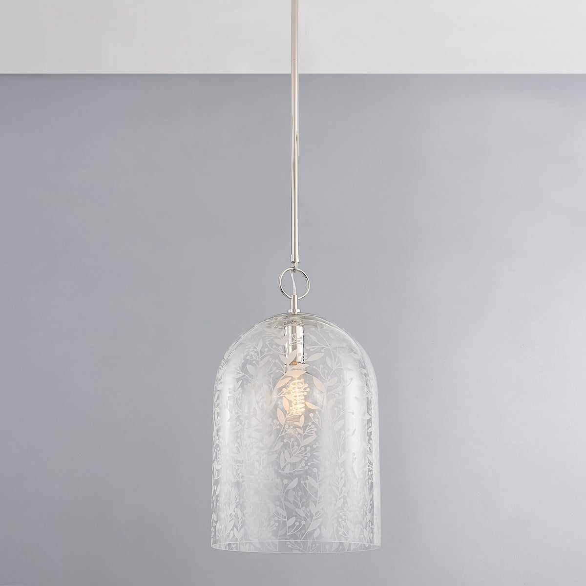 Close-up of the Belleville Pendant 14" in polished nickel showing the shade shape and metal detail.