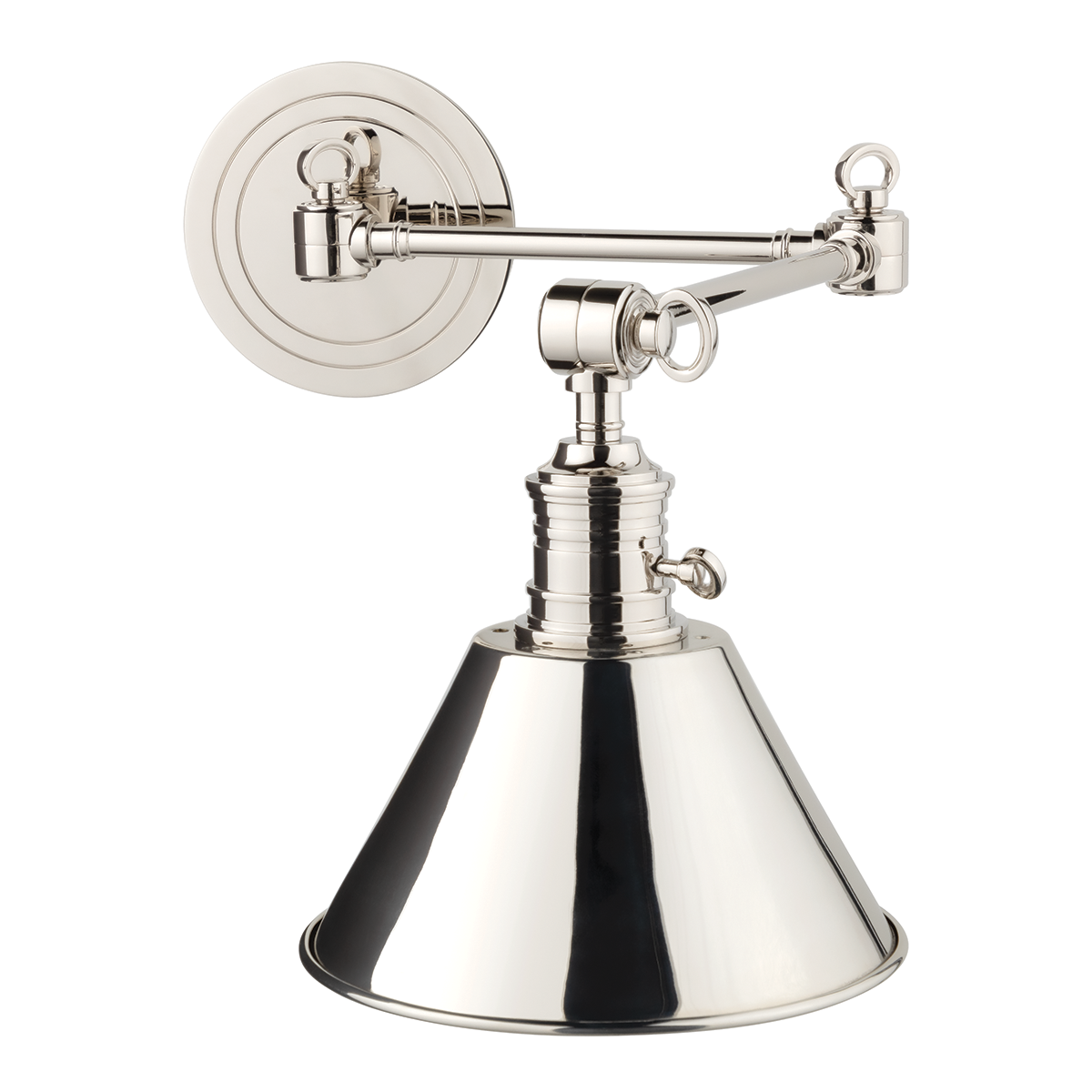 Close-up of the Garden City Wall Sconce 8" x 11.25" in polished nickel showing the arm curve and shade silhouette.