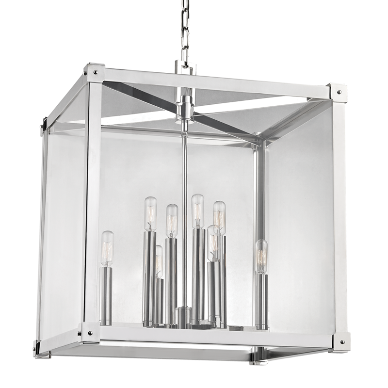 Forsyth Lantern 20.25" in polished nickel shown from the front to reveal the frame and glass panel detail.