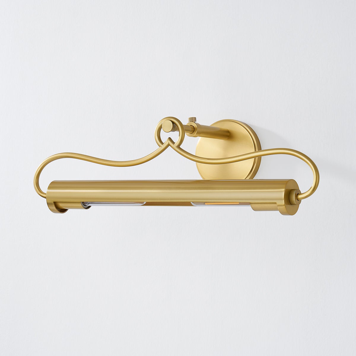 Close-up of the Berun Picture Light 20.5" in aged brass showing the arm curve and shade proportion.