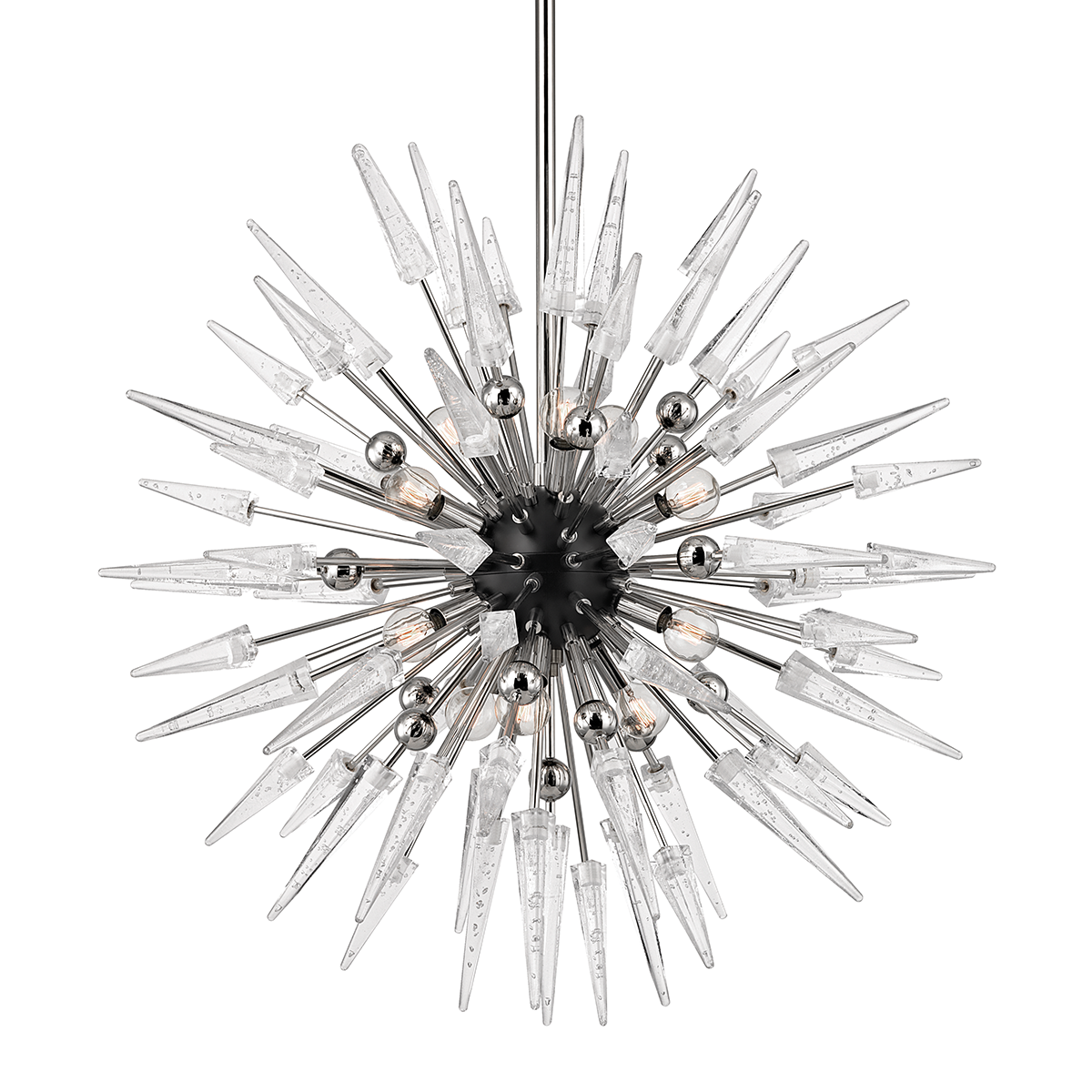 Close-up of the Sparta Chandelier 32" x 32" in polished nickel showing the frame, arms, and shade detail.