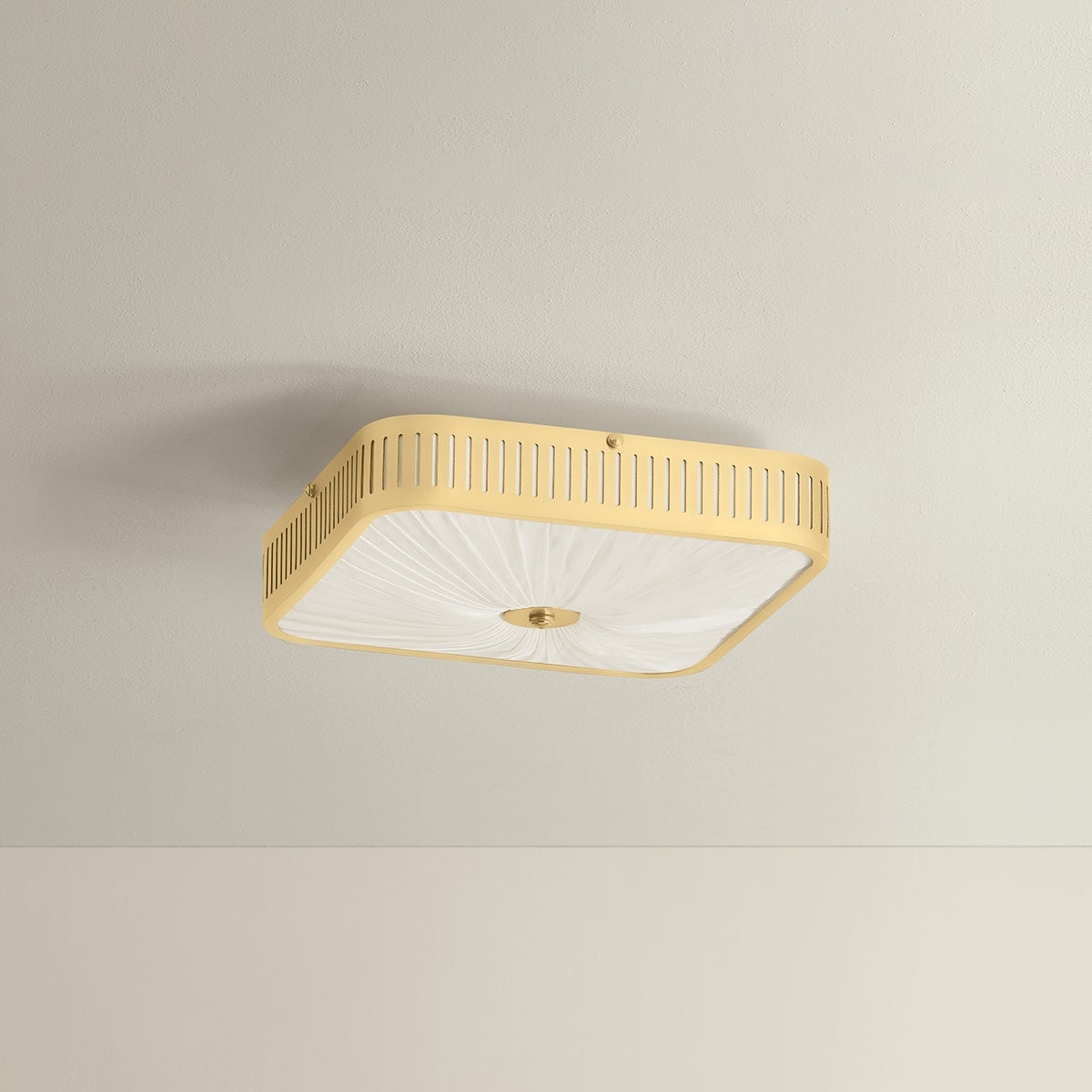 Henri Semi Flush 14.5" in aged brass shown from a second angle to highlight the shade profile and mounting canopy.