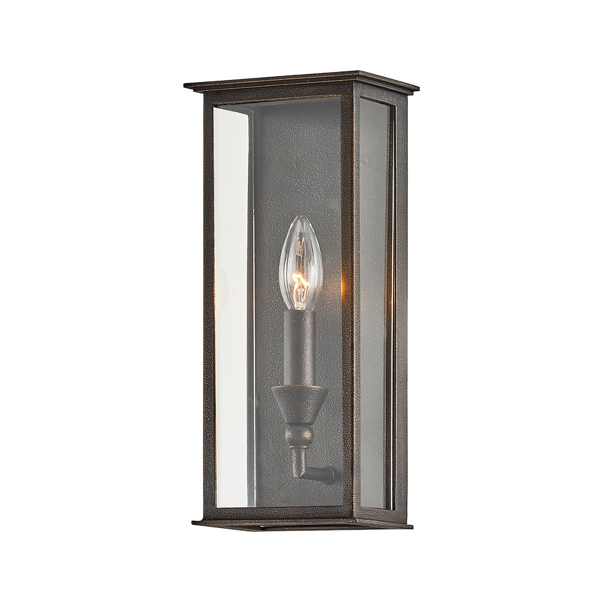Chauncey Exterior Wall Sconce 6" x 13.25" styled in a warmly lit hallway for warm, layered light at Laurie Yapp Home.