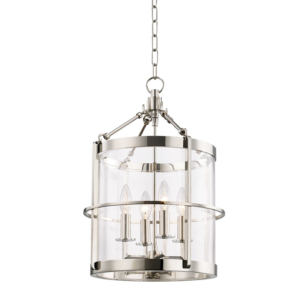 Ren Lantern 13.75" in polished nickel shown from a second angle to highlight the frame and glass panel detail.