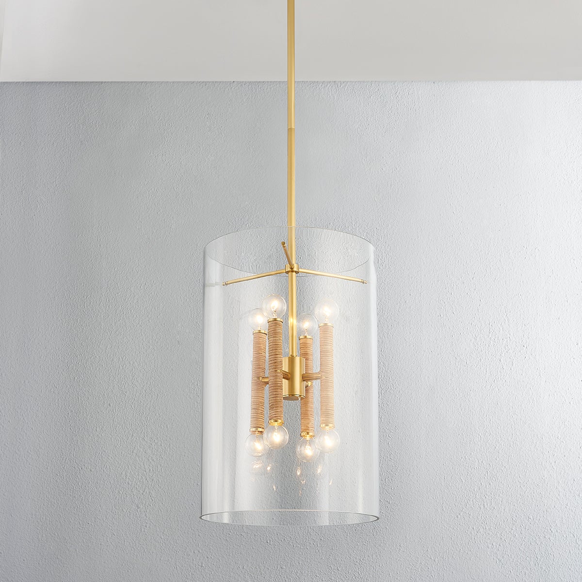 Close-up of the Barlow Lantern 14.75" in aged brass showing the frame and glass panel detail.