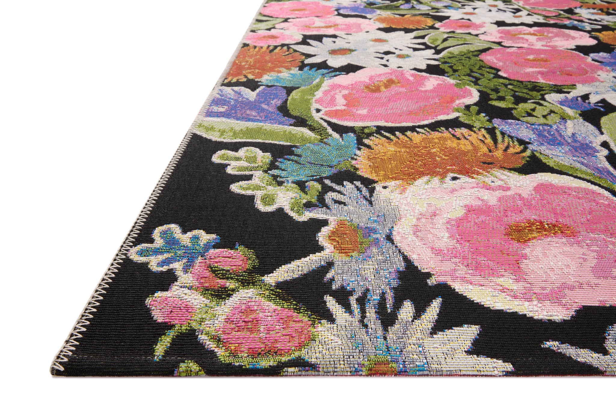 Side view of the Botanical Black / Multi rug.