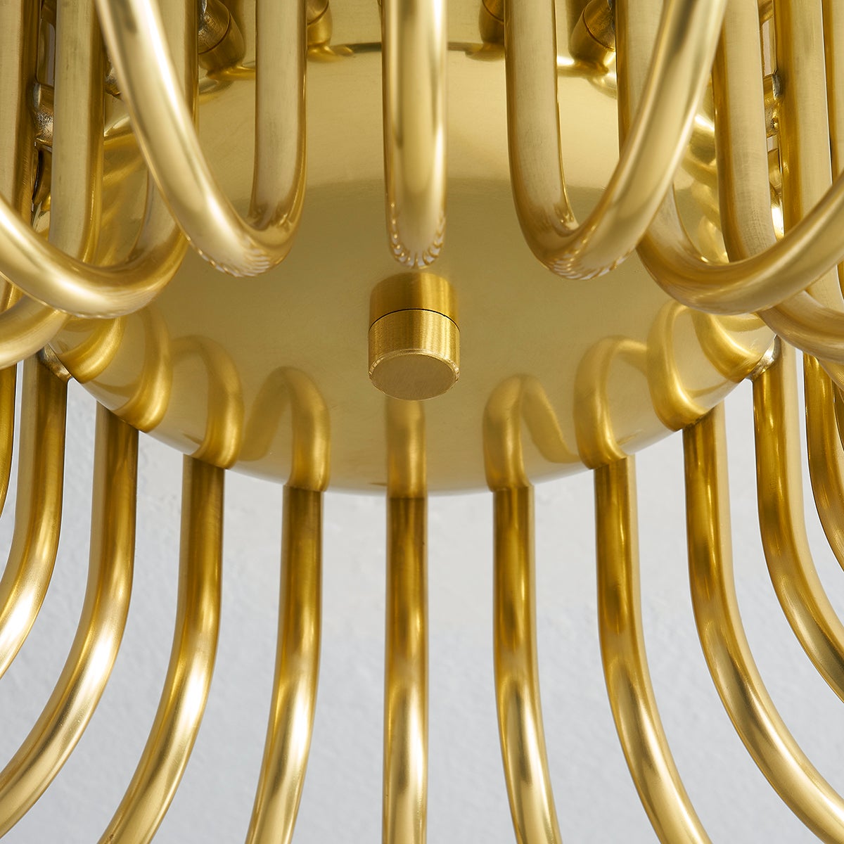 Barney Semi Flush 49.25" in aged brass shown from the front to reveal the shade profile and mounting canopy.