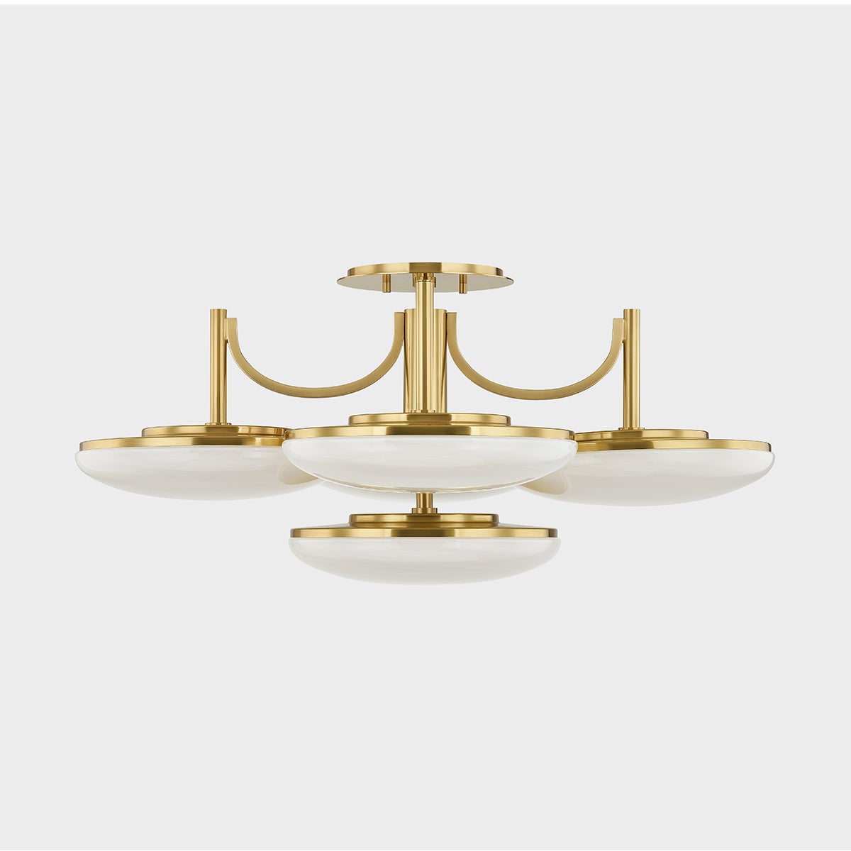 Bregman Semi Flush in aged brass shown from a second angle to highlight the shade profile and mounting canopy.