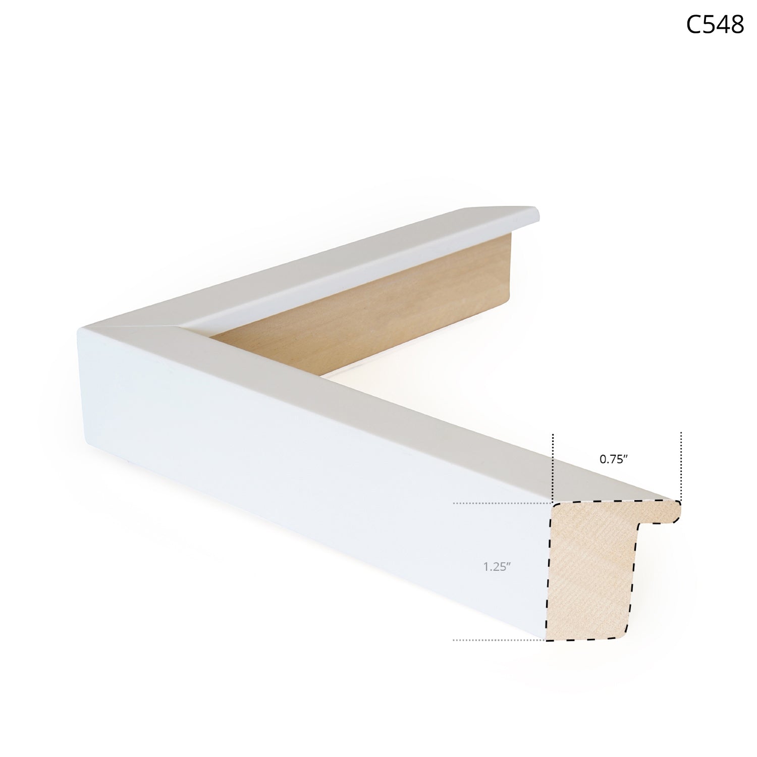 White wooden picture frame corner with a natural wood interior detail.
