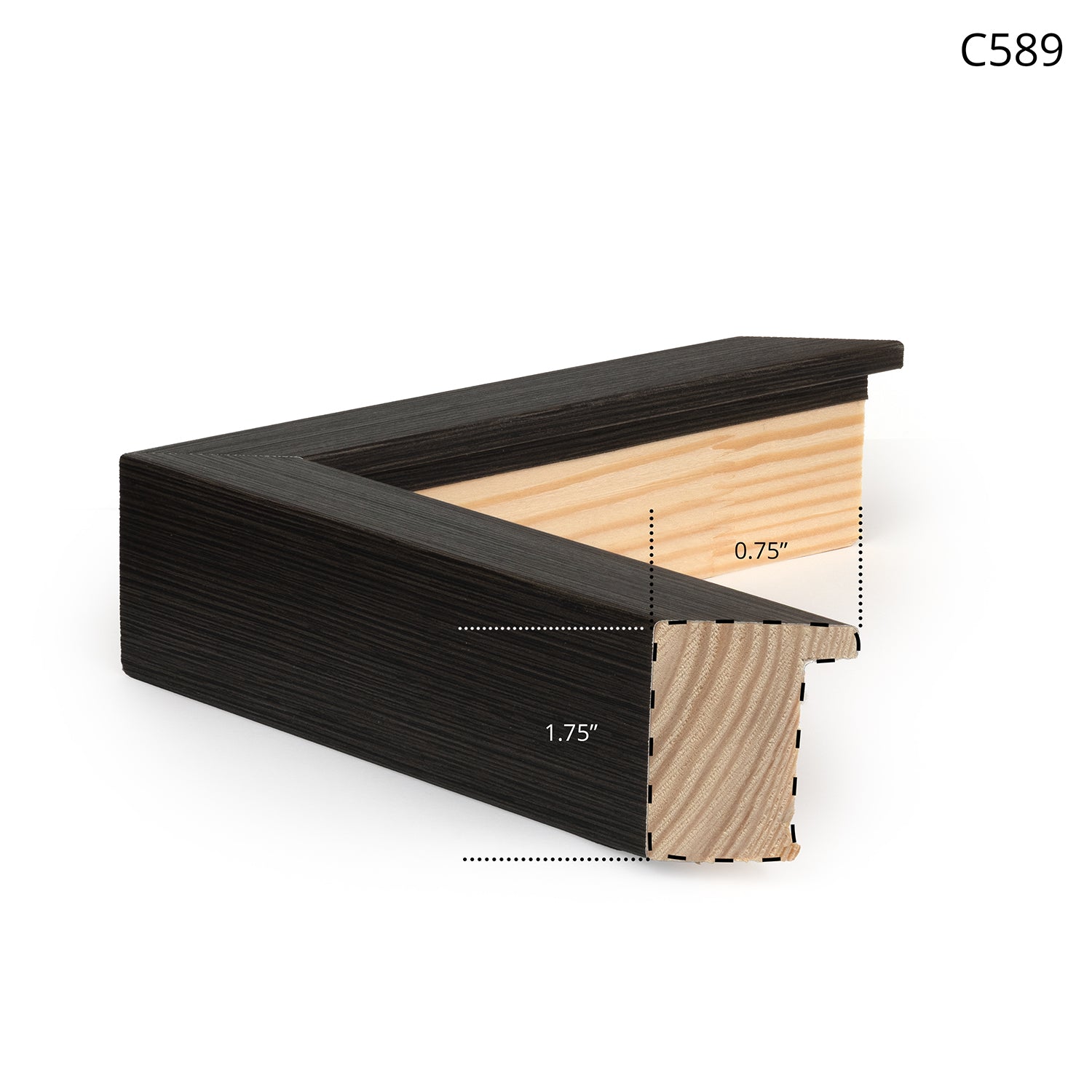 Black wooden picture frame with a textured finish, showcasing a cross-section view of its construction.