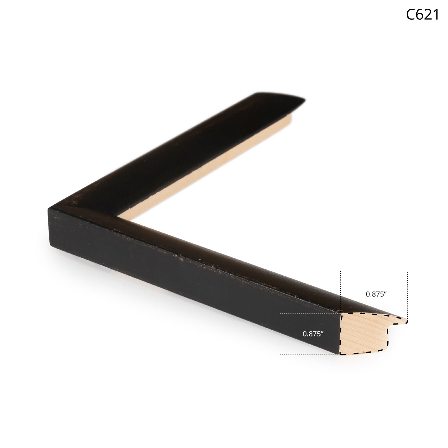 Black wooden frame corner with a light wood interior, showcasing a sleek design.