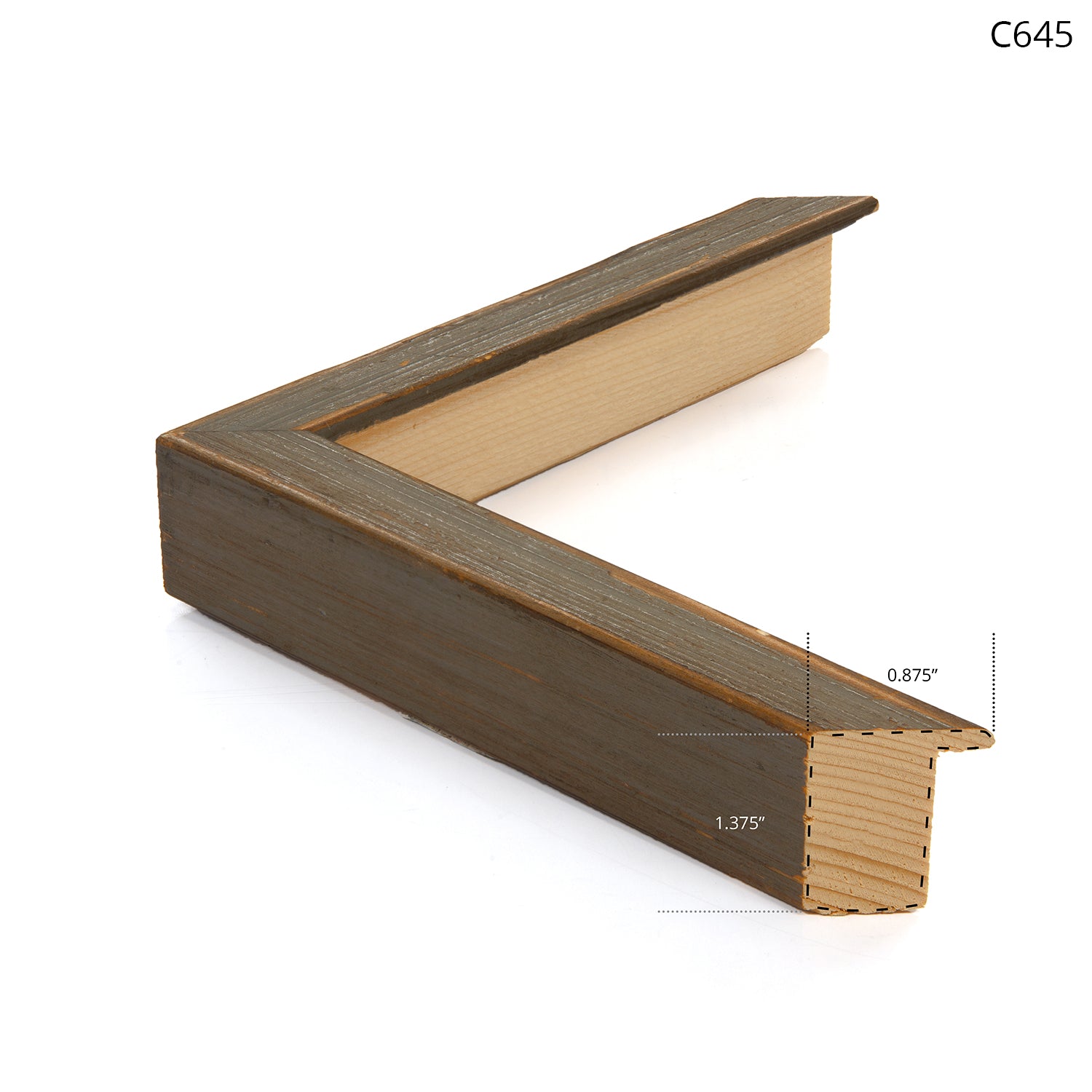 Wooden frame sample, featuring a rustic gray finish and angled view.