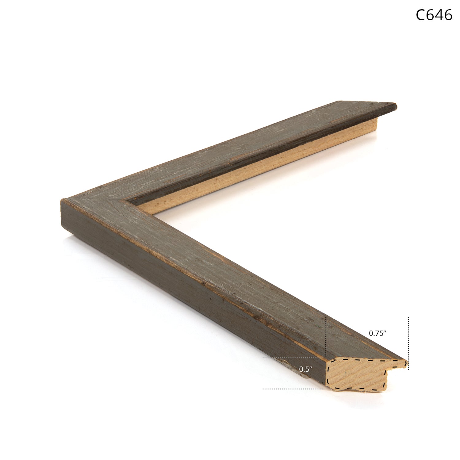 Wooden frame for wall art in a rustic gray finish with a gold inner edge.