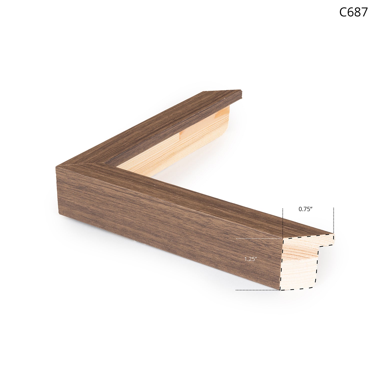 Wooden frame corner showcasing a rich brown finish with a detailed profile view.